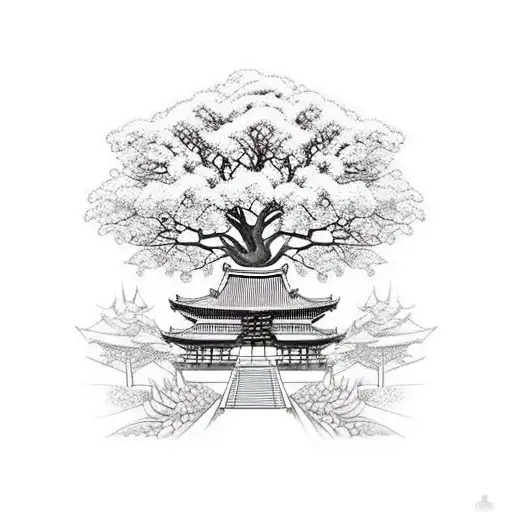 Buddha Temple With Tree Branches And A Path For Half Sleve