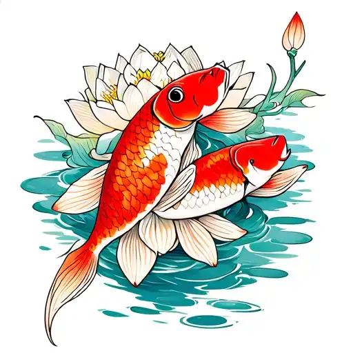 Lotus Flower And Koi Fish Swimming Gracefully