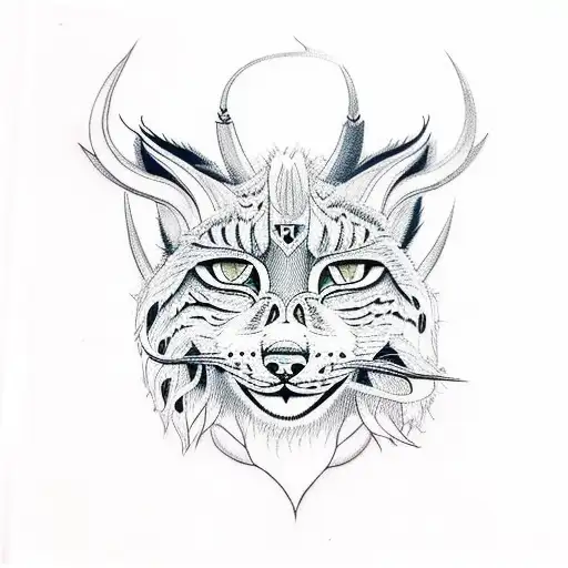 A Lynx With Yellow Eyes And Demon Straight Horns In A Sketch Style