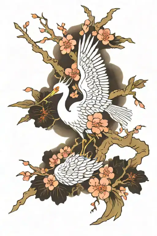 Japanese Crane And Cherry Blossom Tree