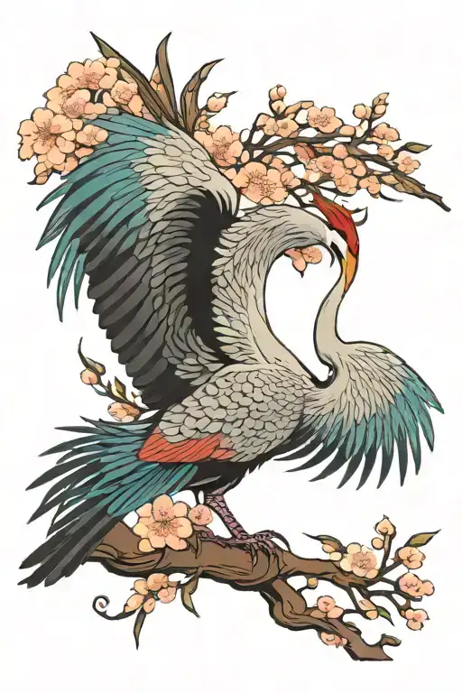 Colorful Japanese Crane On Cherry Blossom Tree
