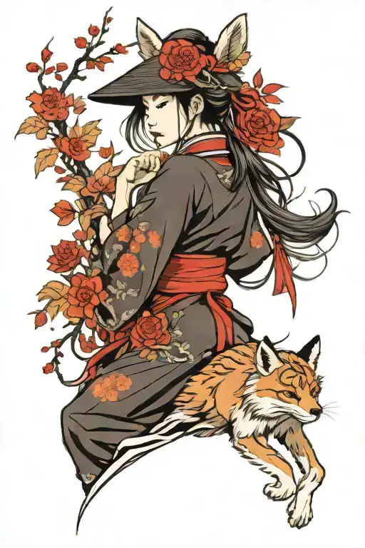 Hot Asian Samurai Girl With Red Flowers And Fox