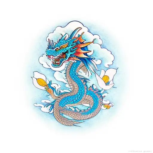 Traditional Dragon With Flowers In An Invisible Border Shaped Like A Vertical Rectangle