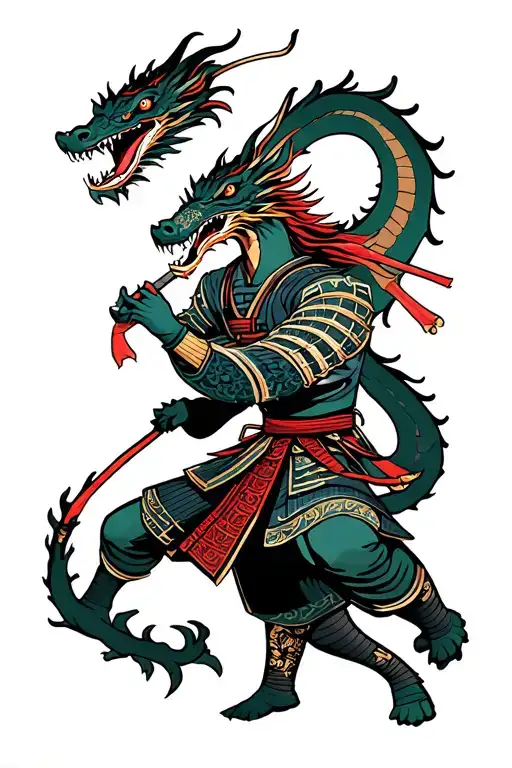 Samurai Warrior Battling Dragon At Torii Gate