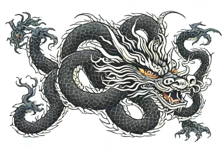Black Japan Dragon With Long Body And Without Wings
