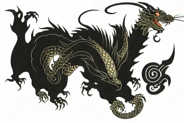 Black Japan Dragon With Long Body And Without Wings