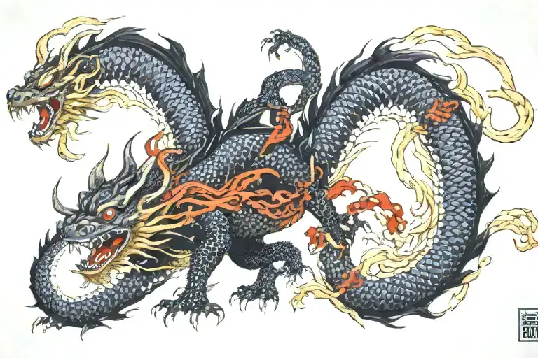 Black Japanesee Dragon With Long Body And Without Wings