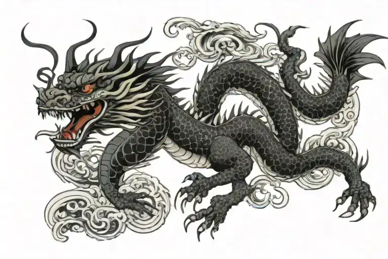 Black Japanesee Dragon With Long Body And Without Wings