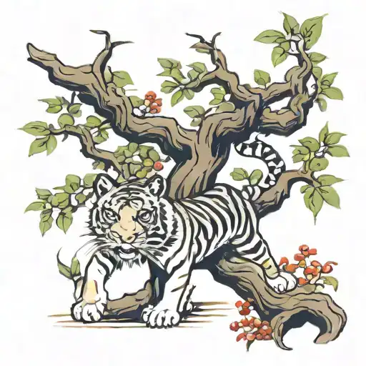 Fully Body Tiger Under A Money Tree Branch