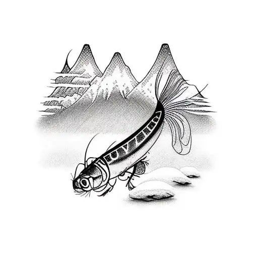A Fly Fishing Lure With Delicate Line Work And A Majestic Mountain Backdrop