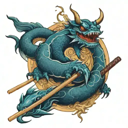 Dragon Surrounded By Lightning And Sea Turtles Holding Giant Chopsticks