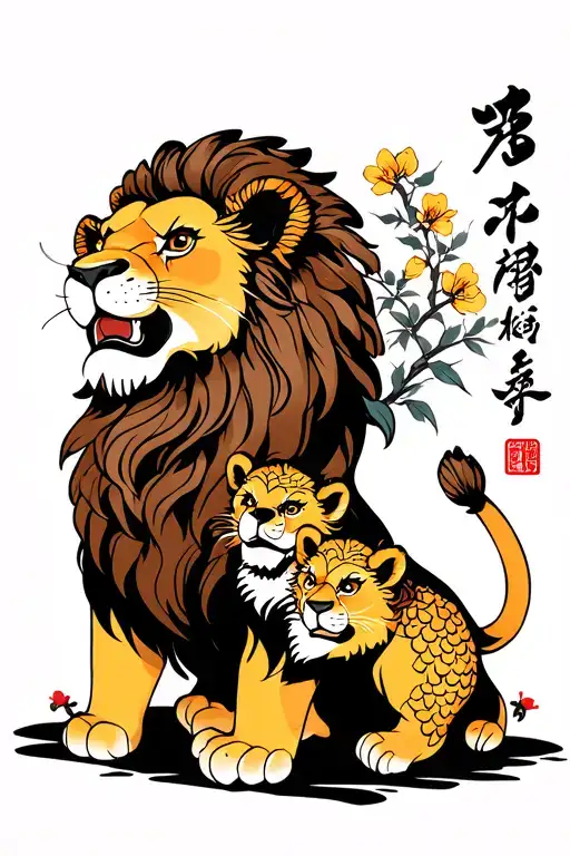 Lion With Two Cubs