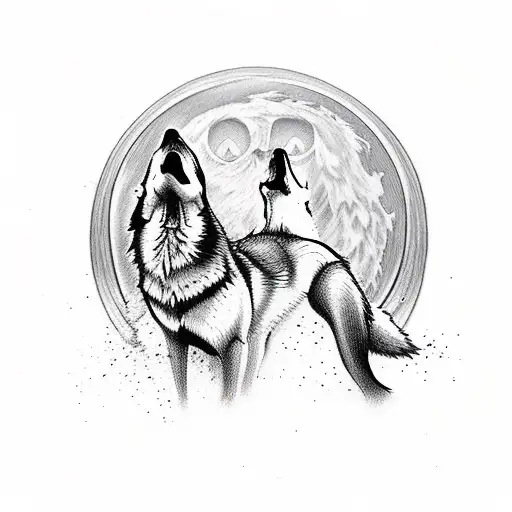 Husky And Wolf Silhouette Howling At The Moon