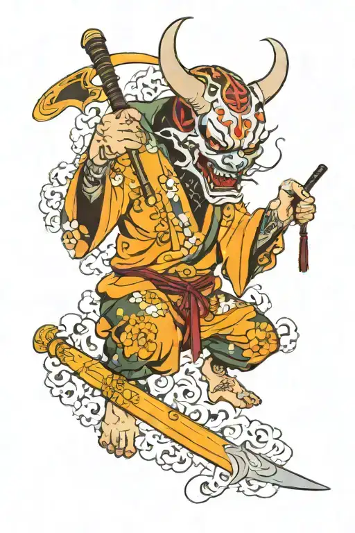 I Want A Reaper Holding A Scythe In One Hand But Show Half The Face Of Hannya Mask