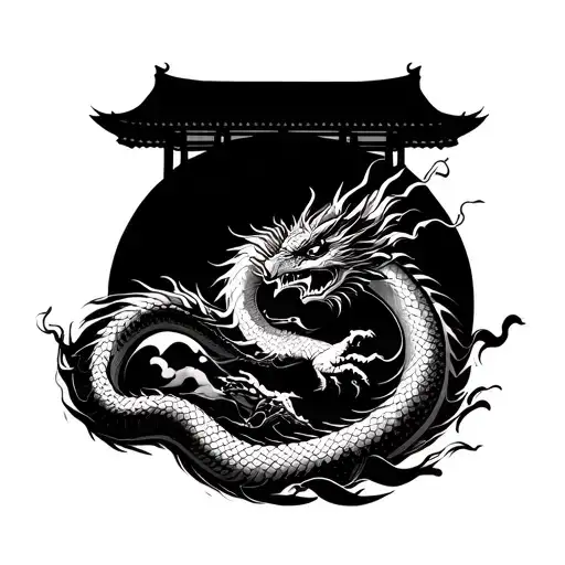 Line Art Of Dragon Wrapping Around Two Suns Overlooking A Japanese Temple