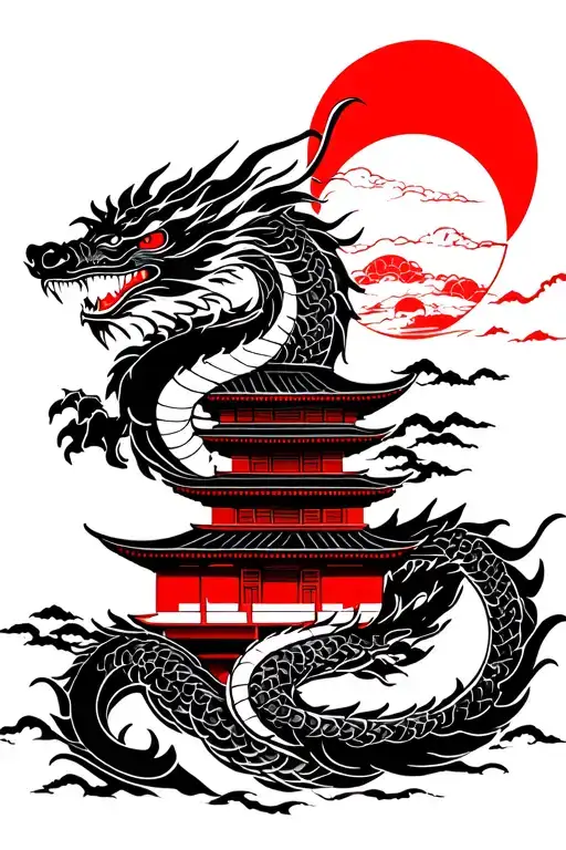Line Art Of Dragon Wrapping Around Two Suns Overlooking A Japanese Temple