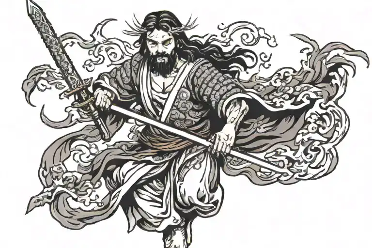 Jesus With Japanese Armor Holding A Flaming Katana Ready To Fight The Devil