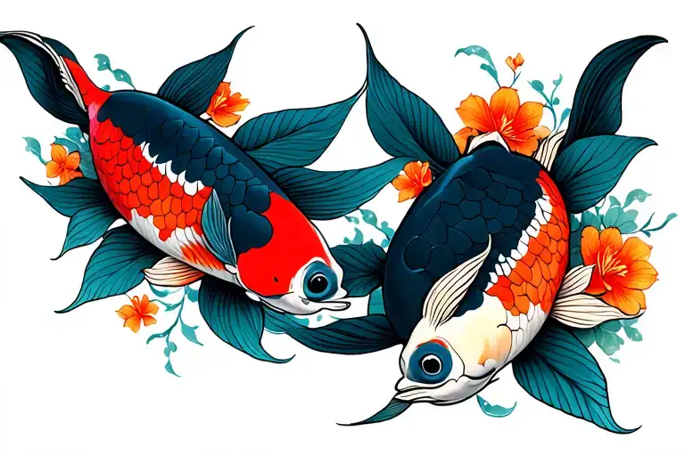 Two Koi Fish Tatttoo With Spring And Fall Season