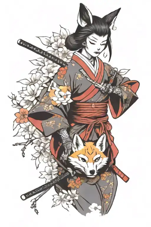 Female Samurai With Kitsune Mask And Sakura Flowers