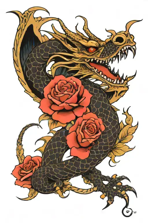 Dragon Et Rose In Black