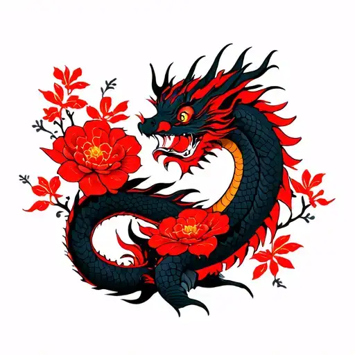Dragon With Flowers Red And Black