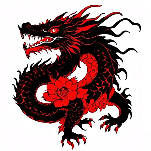 Dragon With Flowers Red And Black Fineline