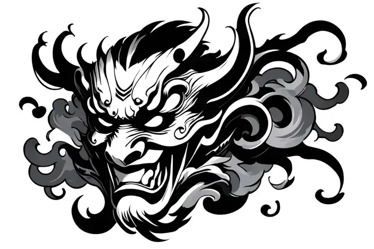 Mask Oni Demon Mask With Cloud Smoke Swirling In Black And White