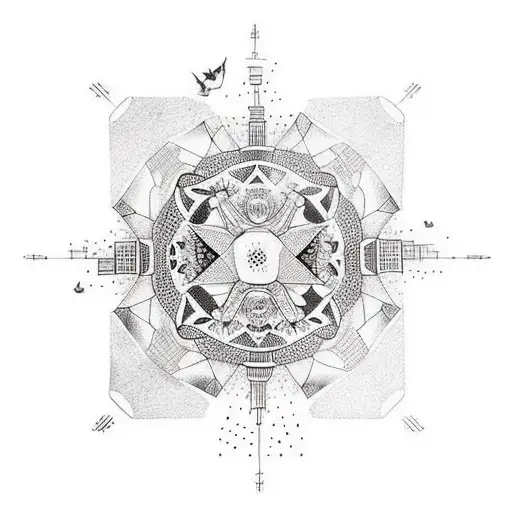 Incorporate A Mandala Into A Cityscape With Skyscrapers And Fox Between Buildings To A Sleeve