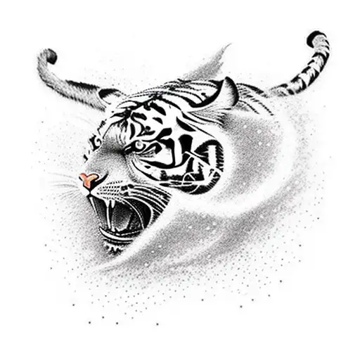 Create A Dotwork Tattoo Depicting A Tiger Leaping Through A Lightning Storm
