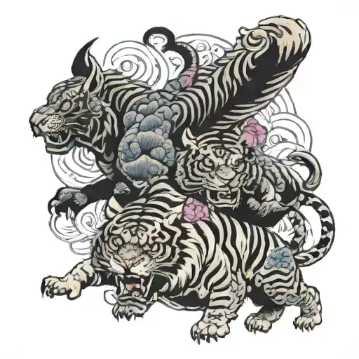 Tiger Holding Pig And Horse And Dragon