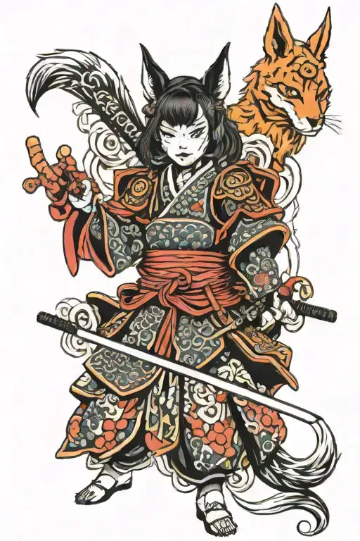 Female Samurai Warrior Holding Kitsune Mask And Katana