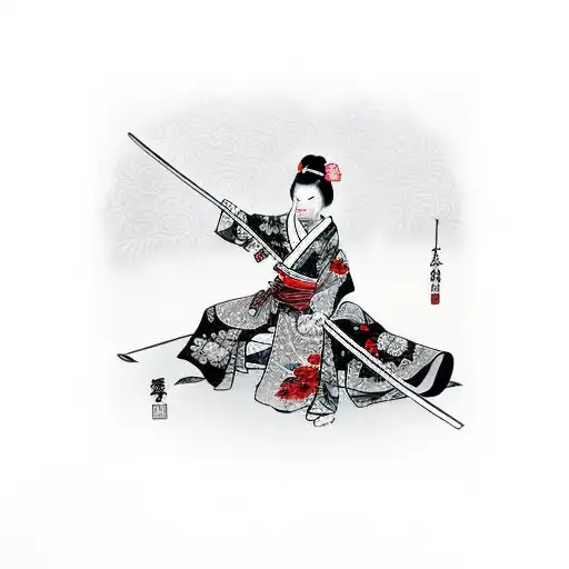 Geisha Holding A Katana In A Fighting Stance