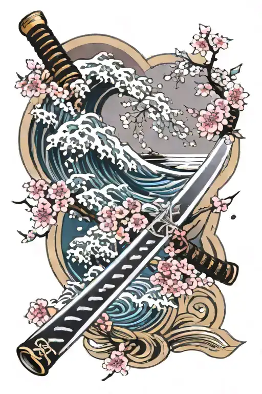 Japanese Katana Surrounded With Traditional Cherry Blossoms And Waves