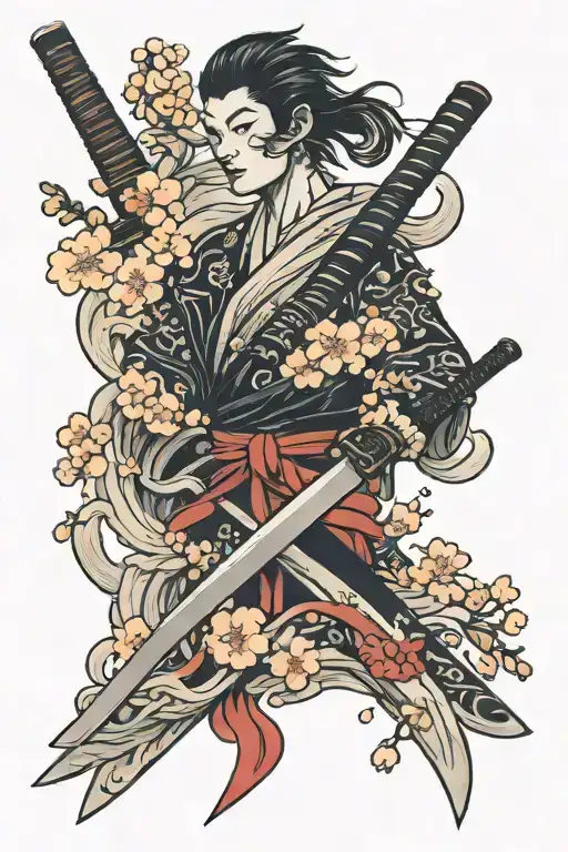 Sleeve Tattoo Of Japanese Katana Surrounded With Traditional Cherry Blossoms And Waves