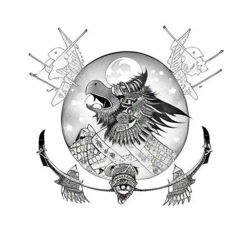 Samurai With Ravens Over A Moonlight With A Turtle Shell Armor