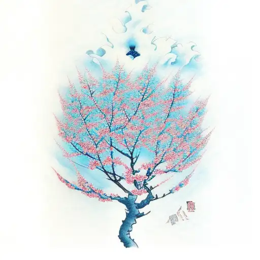 Cherry Trees With A Blue Background