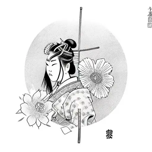 Samurai Girl And Flowers