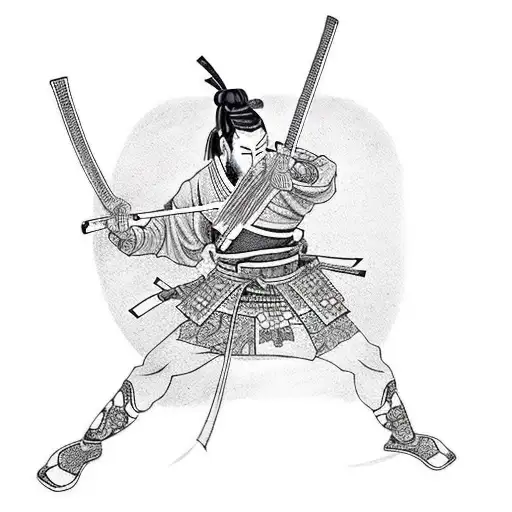 Samurai Holding Katana And Knife