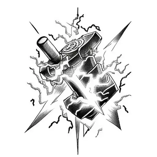 Thor's Hammer Of Marvel Surrounded By Lightning Bolts In Black And White
