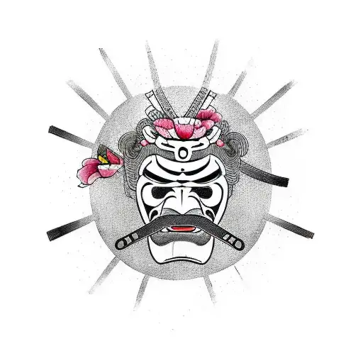 Mask Broken On Samurai In Front Of Cherry Blossom