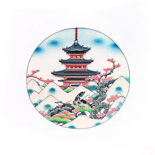 Japanese Style With A Temple And Koi Fish And Cherry Blossoms