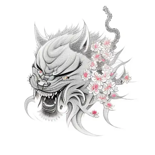 Realistic Portrait Of Raijin Surrounded By Cherry Blossoms