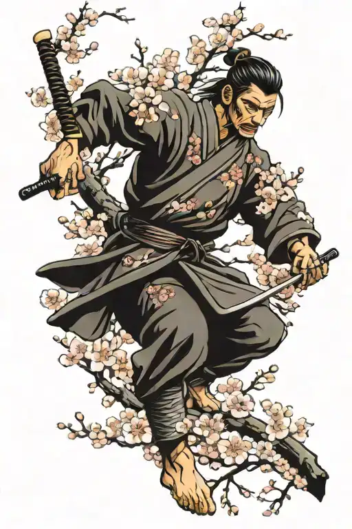 Cherry Blossom Tree With Samurai Warrior Battling
