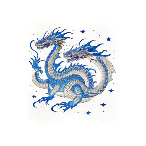 A Dark Blue Serpentine Dragon Wrapped Around A Nautical Star Map Surrounded By A Galactic Starry Sky