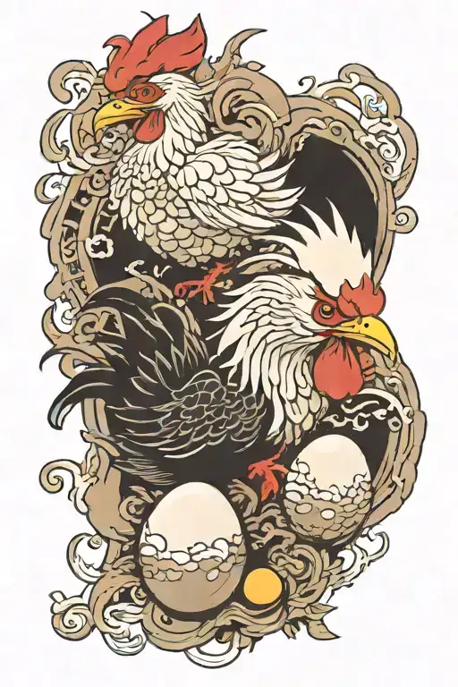 Two Chicken With And Egg That Crack And A Dragon With Wood Element Coming Out From That Egg