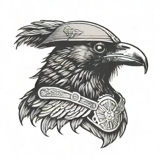 A Portrait Of A Crow With An Army Helmet