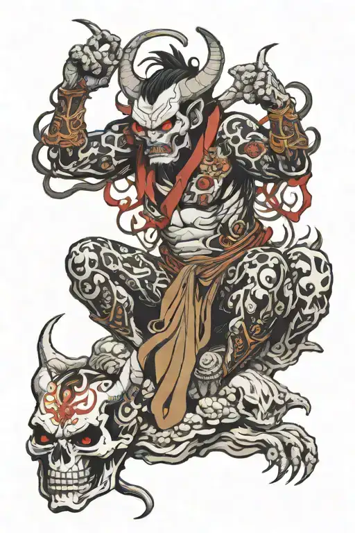 Oni Demon Sitting On Skulls Representing Dark Periods