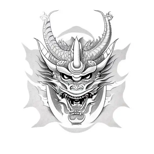 Hannya Mask Split In Middle With Dragon Head On Other Side