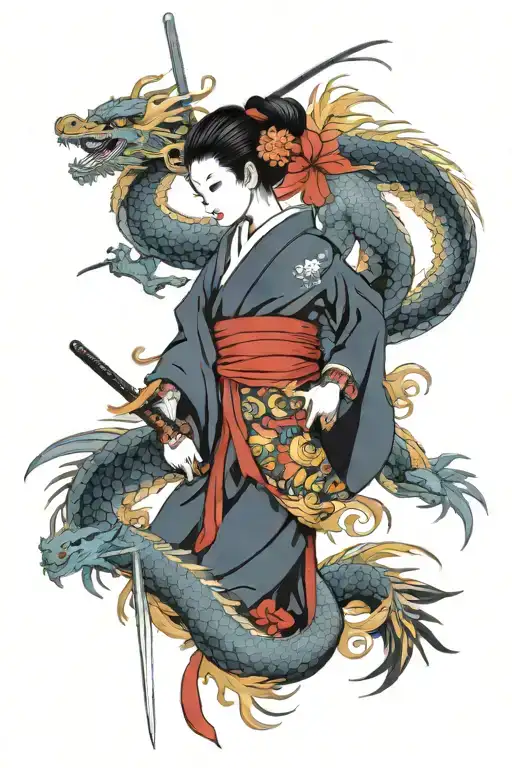 Geisha With Sword And Dragon