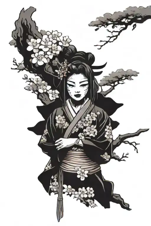 Japanese Girl In A Mask Against The Background Of Sakura